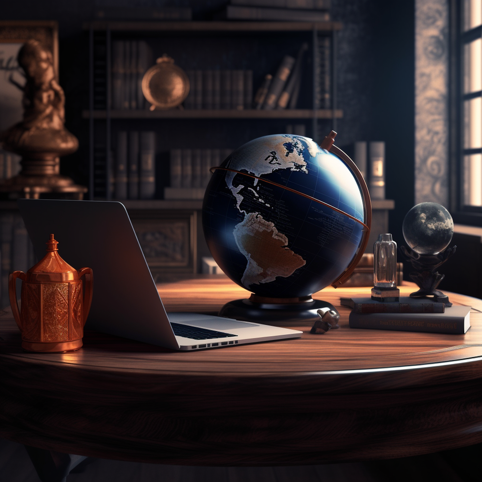 Slasher_Desk_with_front_facing_black_laptop__a_globe_modern_dar_e6268bbb-266e-4c47-8537-52