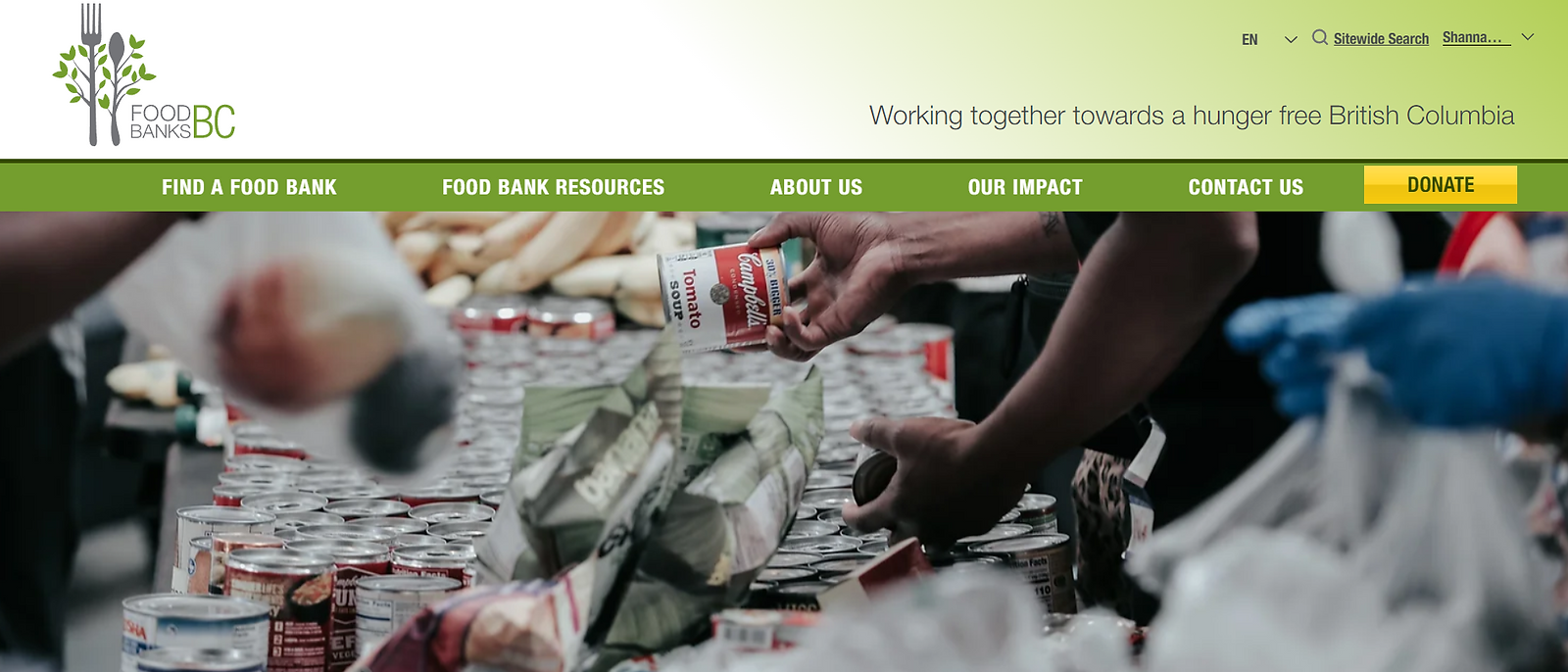 picture of the home page for food banks bc